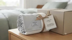 Eco-friendly packaging alongside a rolled-up double-sided cooling blanket ready for gifting or storage.