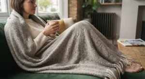 A person relaxing on a sofa wrapped in a thermal blanket to stay warm during chilly winter evenings.