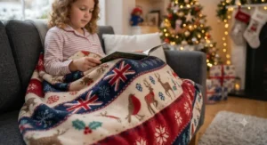 Young child snuggled under a festive Christmas blanket watching television in a cosy living room.