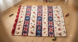 Flat lay of a cheerful Christmas blanket for kids decorated with reindeer and robins.