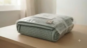 Neatly folded breathable cooling blanket showing its compact size for easy storage during cooler months.