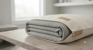 Neatly folded lightweight moisture-wicking blanket stored in a breathable cotton storage bag for seasonal use.