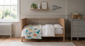 Colourful dinosaur-print toddler bed blanket layered on top of a junior duvet.