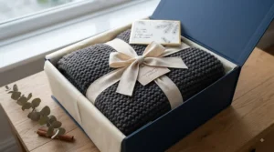 Beautifully packaged heavy winter blanket tied with a ribbon, making an ideal Christmas or housewarming gift.