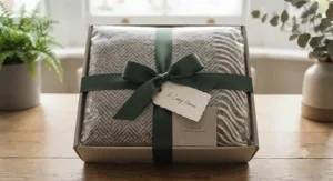A premium thermal blanket neatly tied with a ribbon, presented as a luxury gift for a housewarming.