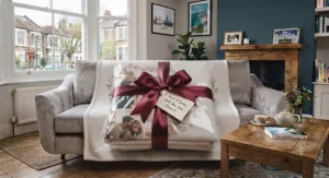 A folded custom photo blanket tied with a ribbon bow, ready to give as a thoughtful birthday or Christmas present.