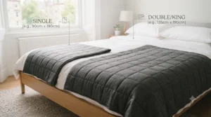 Diagram showing different sizes of weighted blankets suitable for single and double beds within a low-cost budget.