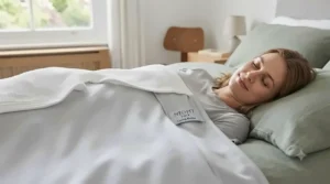 A person relaxing comfortably under a double-sided cooling blanket during a warm summer evening in the UK.