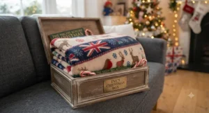 Christmas blanket for kids folded neatly inside a traditional wooden Christmas Eve box.