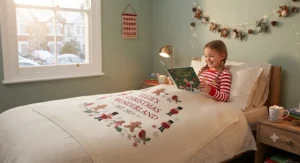 A child's cosy personalised Christmas blanket featuring a playful winter character design.