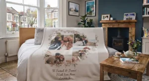 A large-sized personalised photo blanket spread across a double bed to show its full coverage.