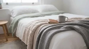 Full-size fleece blanket covering a double bed to provide maximum warmth in a cold bedroom