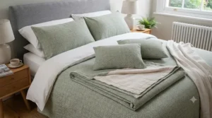 A neatly styled UK double bed layered with a summer bedspread and matching decorative pillows