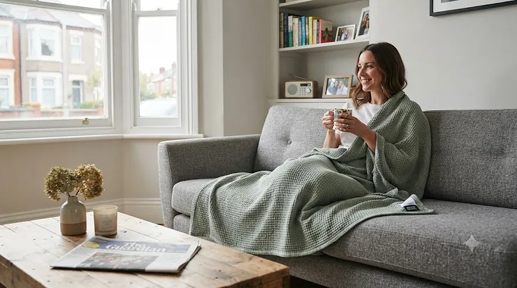 A cosy, folded lightweight blanket under £20 placed on a modern British living room sofa, styled for everyday home comfort. lightweight blanket under £20
