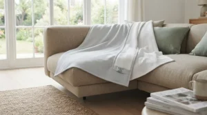 A double-sided cooling blanket draped over a living room sofa for daytime lounging and relaxation.