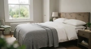 Lightweight, draping cooling blanket styled on a double bed for comfortable summer sleeping without overheating.
