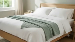 Neutral-toned lightweight summer blanket neatly draped across the foot of a king-size bed in a modern UK bedroom.