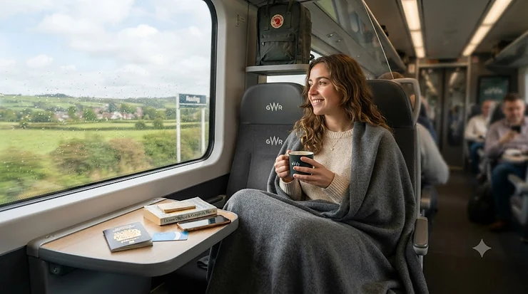 A compact, lightweight travel blanket folded neatly next to a passport and passport holder on a wooden table, ready for a flight. lightweight blanket for travel