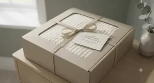 A beautifully folded breathable blanket for hot sleepers packaged sustainably, ready to be gifted for housewarmings or birthdays in the UK.