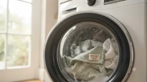 Machine-washable nursery nap blanket symbol showing easy cleaning for busy parents.