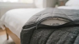 A removable, machine-washable outer cover being zipped onto a cheap heavy blanket for easy home laundering.