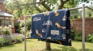 Freshly washed travel nap blanket for toddlers hanging on a washing line, highlighting its easy machine-washable care.