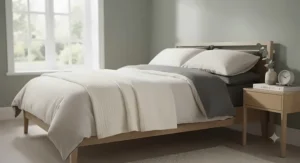 A stylishly dressed neutral-toned bed featuring a breathable blanket for hot sleepers, complementing a modern British interior design.