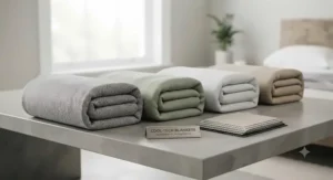 Range of neutral and calming colour swatches available for the breathable moisture-wicking blanket to suit modern bedroom decor.