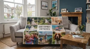 A custom photo blanket featuring a multi-photo memory collage layout filled with holiday and family pictures.