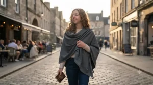A versatile lightweight travel blanket styled creatively as a cosy shawl and scarf while walking through a city.