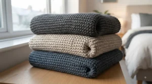 Stack of heavy winter blankets in neutral grey and oatmeal tones, matching modern UK interior design trends.