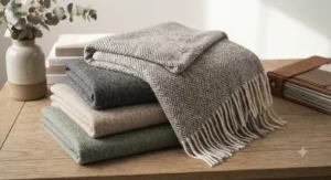 A selection of folded thermal blankets in neutral earth tones suited for modern British interior design.
