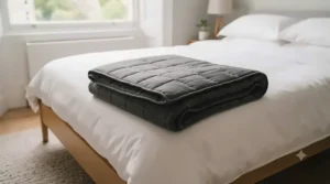A neutral-toned heavy blanket neatly folded at the foot of a double bed in a modern British bedroom.