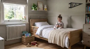Natural organic cotton toddler bed blanket showing a close-up of the textured weave.