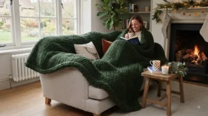 An extra-large chunky knit Christmas throw generously covering a three-seater sofa for maximum cosy winter comfort.