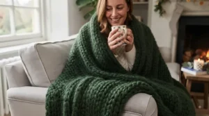 Someone relaxing under a warm chunky knit Christmas throw while holding a hot mug of tea on a cold winter evening.