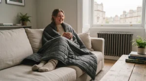 Someone relaxing on a living room sofa wrapped warmly in a budget-friendly heavy blanket on a chilly evening.