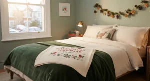 A soft, custom Christmas blanket styled across the foot of a neatly made double bed with seasonal bedding.