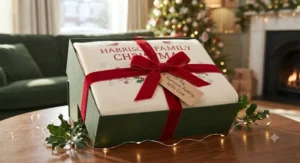 A custom Christmas blanket folded neatly inside a luxury presentation gift box tied with a festive ribbon.