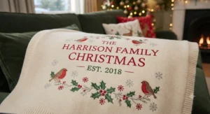 Close-up of premium embroidered name lettering on a festive red and white personal Christmas blanket.