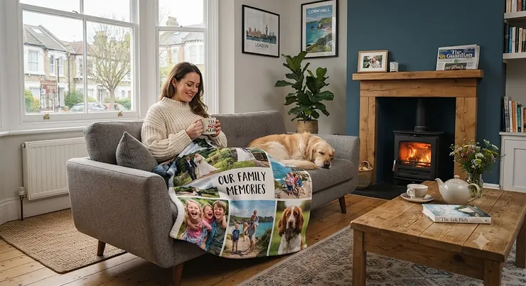 A cosy fleece personalised photo blanket draped over a modern British living room sofa, showcasing custom family memories. personalised photo blanket