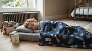 Toddler settling down for a nap at grandparent's house using a cosy and portable travel nap blanket.