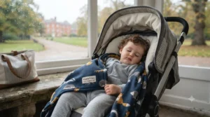 Securely draped travel nap blanket keeping a toddler warm in a pushchair during a brisk walk in a British park.
