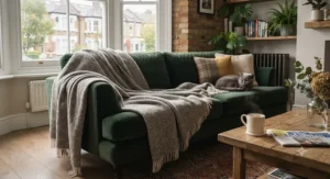 A luxury grey premium thermal blanket folded neatly on a modern double bed in a British apartment.