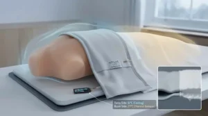 Diagram or lifestyle view highlighting the reversible temperature-regulating layers of the double-sided cooling blanket.
