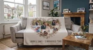 A romantic anniversary gift idea showing a personalised photo blanket printed with a favourite couple's snapshot.
