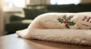 Detailed macro view showing the ultra-soft, plush fleece texture of a custom winter holiday throw blanket.