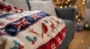 Close-up of a soft fleece Christmas blanket for kids featuring a festive snowflake pattern.