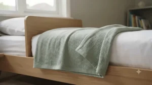 Perfectly proportioned blanket draped over a standard UK toddler bed, demonstrating the ideal size and fit.