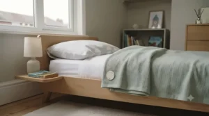 Neutral-toned children's blanket styled in a contemporary British nursery interior to match modern home decor.